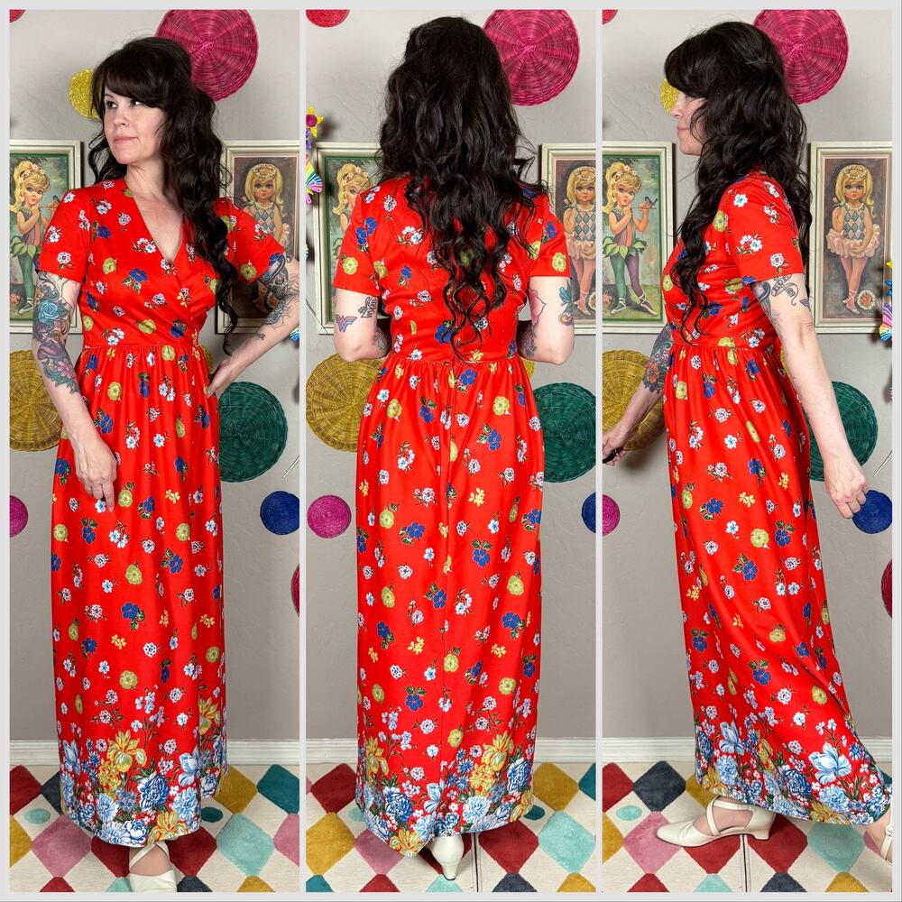 Vintage 1970s Red Floral Short Sleeve Maxi Dress - Picture 3 of 8